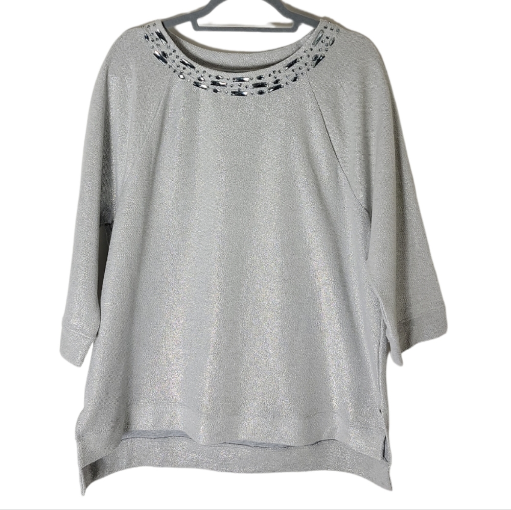 Chico's rhinestone embellished crew neck high low hem top women's size 2 (US 12)